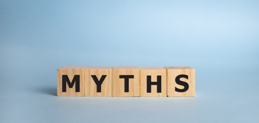 the word myths spelled out with letter blocks